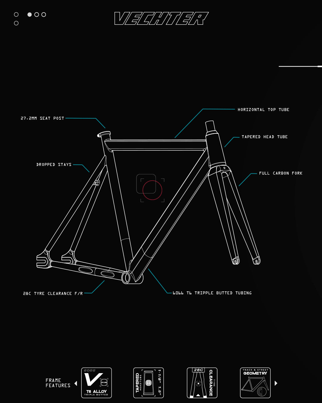 Vechter Genesis fixed gear frame specifications, including 6066 Triple butted tubes, tapered head tube